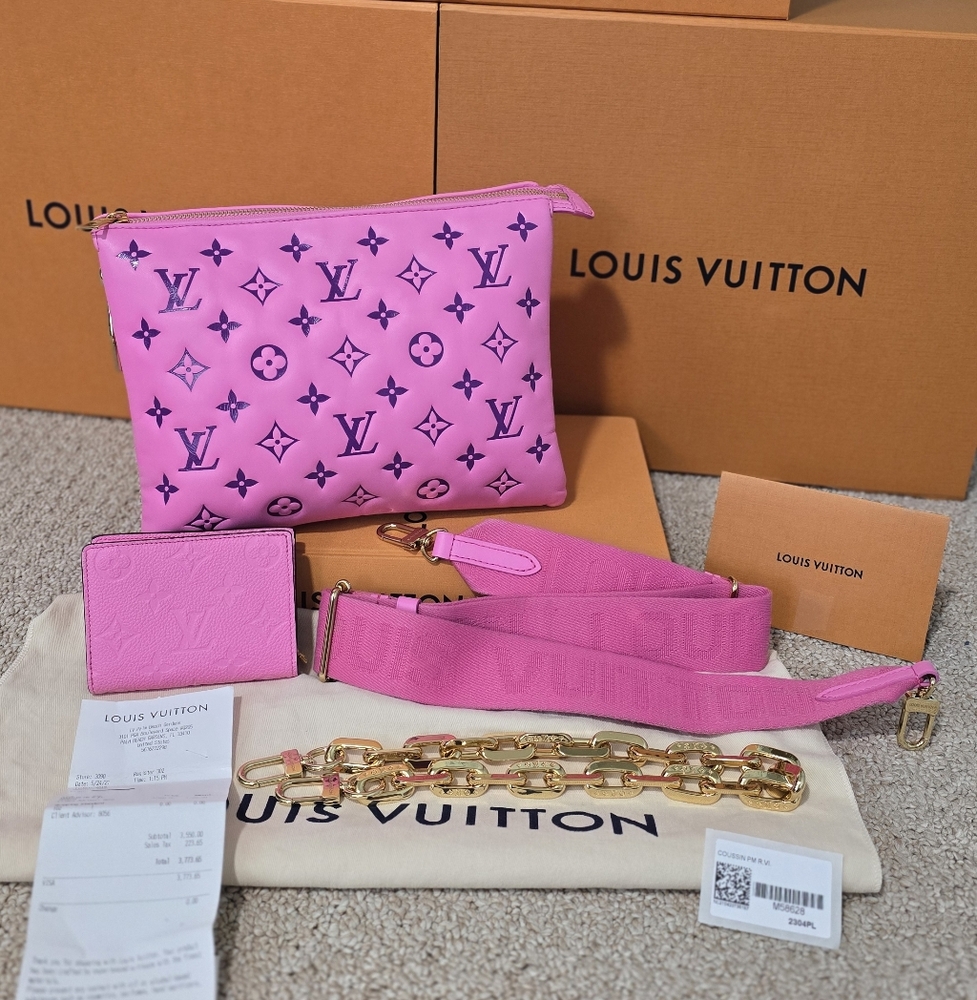 Authentic Louis Vuitton Coussin PM in Rose & Mono Portefeuille Clea Wallet